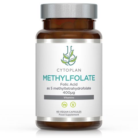 Bottle of Cytoplan Methylfolate folic acid supplement.