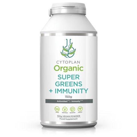Front facing image of bottle of Cytoplan Organic Super Greens + Immunity  superfoods powder.
