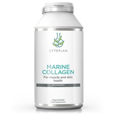 Front facing image of a pot of Cytoplan Marine Collagen powder supplement. The label is white with silver edges, on a white pot and it has the Cytoplan logo at the top and reads Cytoplan, Marine Collagen, for muscle and skin health, musculoskeletal, 150g 